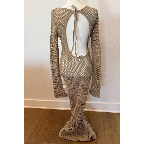 Babyboo Moana Crochet Knit Maxi Dress Backless Long Sleeve Beige S‎ Small - Picture 4 of 7